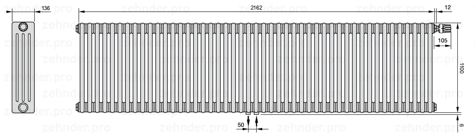 Схема (чертеж) Радиатор Zehnder Charleston 4110/47 №V008 Белый глянцевый RAL 9016